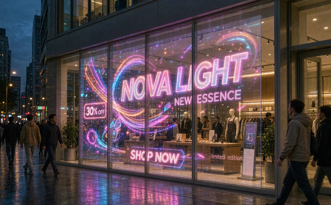 Transparent LED film screen displaying colorful visuals on glass