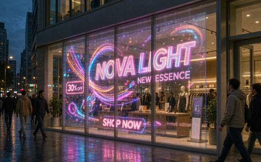 Transparent LED film screen displaying colorful visuals on glass